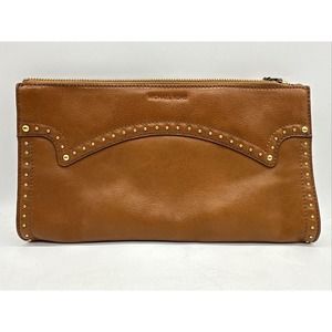 Michael‎ Kors Women Brown Studded Leather Inner Pockets Wristlet Strap Clutch